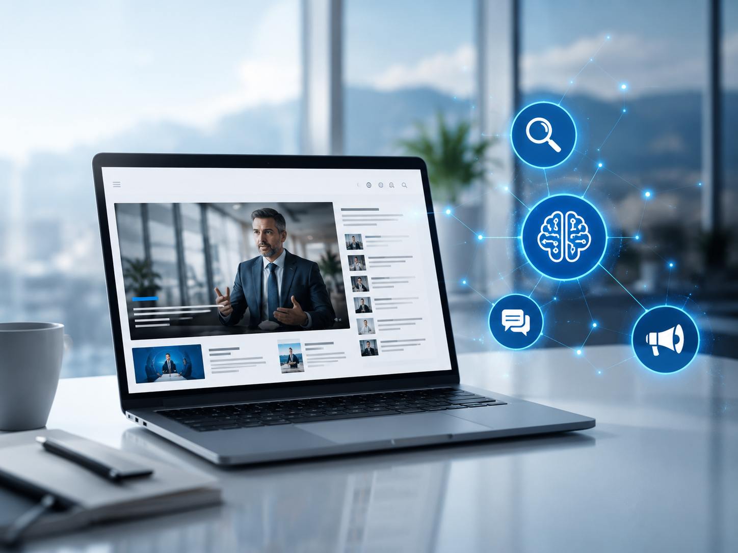 Unternehmensnews auf Laptop, verbunden mit Google, Medien und KI-Systemen